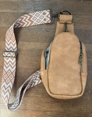 Pink Lily Tan Crossbody Sling Bag with Patterned Strap thumbnail 1