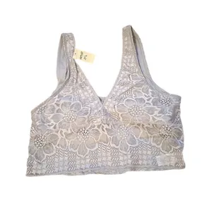 Aerie Gray Floral Lace Ribbed Pullover Sports Bra Sz L‎ NEW thumbnail 1
