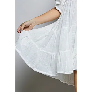 POL Cotton Ruffle Shirred V-Neck Short Sleeve Dress - Ivory - Medium thumbnail 6