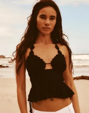 Zara Black Halter Sleeveless Crochet Open Knit Peplum Blouse Cami Top Size M thumbnail 1