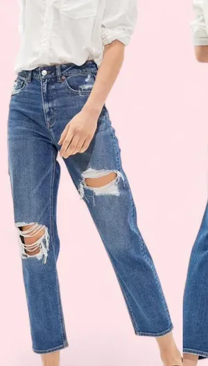 Women’s American Eagle Mom Straight Jeans Distressed 000 Regular Cool Torn Blue thumbnail 1