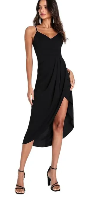 Lulus V Neck Spaghetti Strap Pleated Faux Wrap Reinette Black Midi Dress size L thumbnail 1