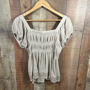 ODDI Boho Peasant Blouse Large Cream Embroidered Tassel Tie Cottagecore Top thumbnail 4