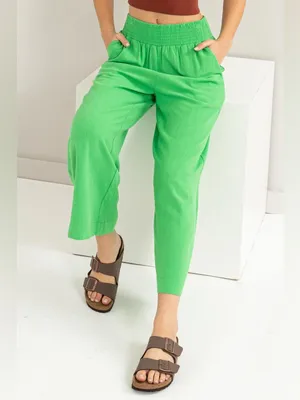HYFVE Linen Blend Wide Leg Pants High Rise Smocked Waist Kelly Green L thumbnail 4