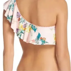 Seafolly Isabella Rose Floral One Shoulder Bikini Top Medium Pink Ruffle Pom Pom Trim NWT thumbnail 4