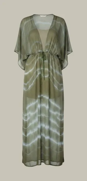 Green Dragon Tie Dye Maxi Dress Olive Green Boho Sheer Overlay Slip Dress L thumbnail 1