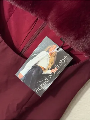 Naked Wardrobe Burgundy Faux Fur Trim Mini Dress Sexy Date Night Club Prom Med thumbnail 7