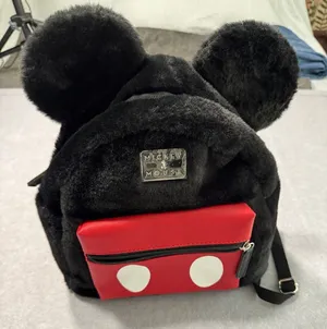 Disney Mickey Mouse Faux Fur Mini Backpack Black Red thumbnail 1
