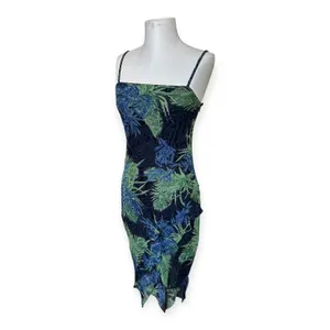 Vintage 90s Y2K Eva Blue Beaded Tropical Print Slip Dress S Fairycore Coquette thumbnail 2