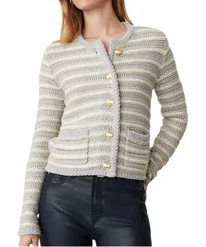 Ann Taylor Sweater Women Small‎ Petite Gray Ivory Striped Metallic Knit Cardigan thumbnail 1