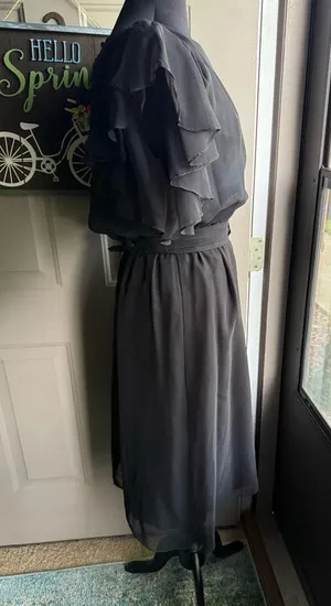 Vintage 60/70s black chiffon flutter sleeve belted dress, size medium large thumbnail 8