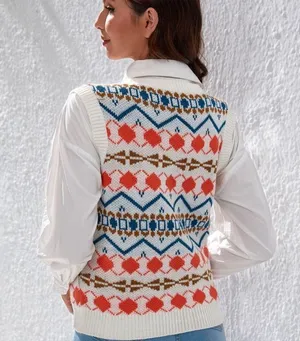Women's Sleeveless Sweater Vest Plaid Geo Chunky Cable Knit Sweater Crop thumbnail 5