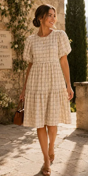 English Factory Plaid Puff Sleeve Tiered Midi Dress Small Neutral Cottagecore thumbnail 1