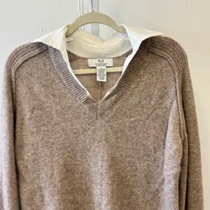 Magaschoni 100% Cashmere Layered Look‎ V-Neck Sweater Taupe White Trim Large thumbnail 4