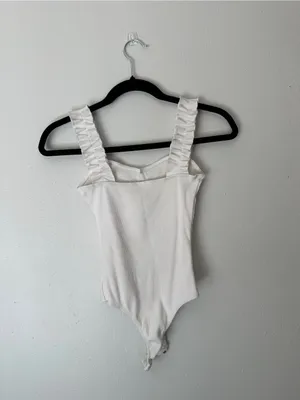 Francesca's Collections Ivory Ribbed Ruffle-strap Bodysuit thumbnail 2