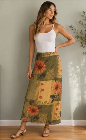 Vintage Floral Patchwork Maxi Skirt Size Large Orange thumbnail 1