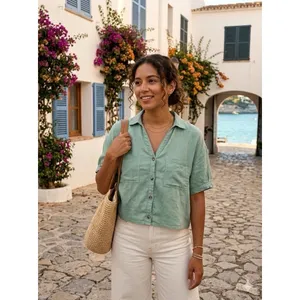 Pilcro Anthropologie Green Linen Blend Short Sleeve Button Up Cropped Shirt S thumbnail 2