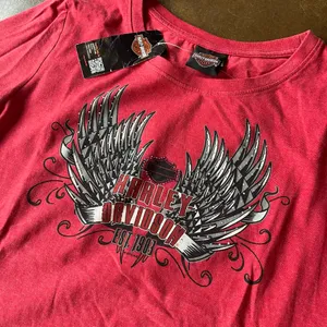 Vintage Y2K Women's Red Harley Davidson Angel Wing Rhinestone Design Biker Shirt thumbnail 2