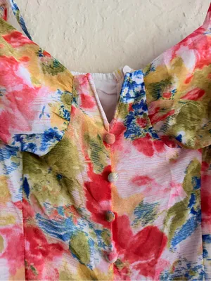 Cider Floral Tie-Strap Tiered Mini Dress in Pink, Green & Blue thumbnail 2