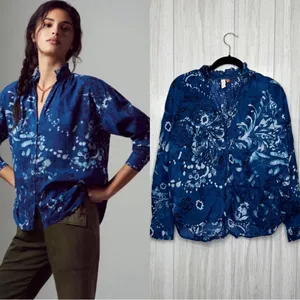Anthropologie Pilcro The Tavi Ruffled Button Down Blouse Blue Batik Floral Small thumbnail 2