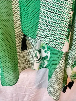 Kimono Cover Up - Open Cardigan ~ One Size ~ Green White Floral ~ Tassel Trim thumbnail 5