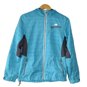 New Balance Windbreaker Jacket Women S Teal Blue Striped Hooded Full Zip Exc thumbnail 1