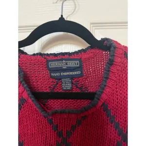 Herman Geist Vintage Hand Embroidered Grape Sweater Vest Red Navy‎ Linen Blend M thumbnail 4