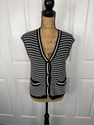 EVEREVE XS Black White Textured Knit Button Front Sweater Vest Cotton Modal thumbnail 2