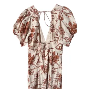 Abercrombie‎ & Fitch Floral Puff Sleeve Slim Poplin Midi Dress Cream Rust Medium thumbnail 5