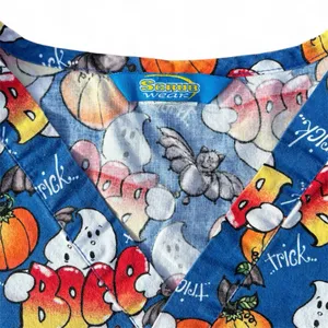 Scrub Wear Blue Pumpkin Ghost Trick or Treat Halloween Print Scrub Top Medium thumbnail 3