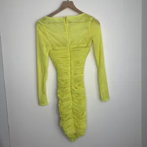 House of CB Valentina Yellow Long Sleeve Ruched Organza Mesh Mini Dress XS thumbnail 2