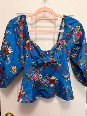 Parker Iggy Blue Floral Peplum Puff Sleeve Tie Front Blouse Size Small thumbnail 2