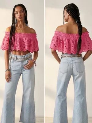 New Free People One Perla Pink Eyelet Lace Off The Shoulder Top L thumbnail 2
