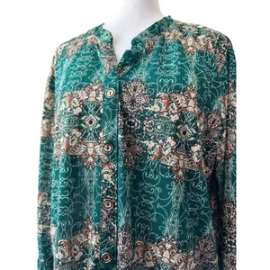 Green, Cream & Brown Long Sleeve Relaxed Fit Lightweight Button Front Blouse thumbnail 4