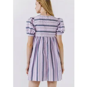 English Factory Puff Sleeve Striped Mini Dress size M Lilac Relaxed Babydoll New thumbnail 9