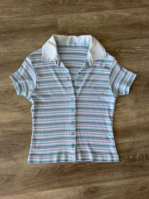 Vintage Y2K striped button front collared shirt sleeve top blue pink small thumbnail 4