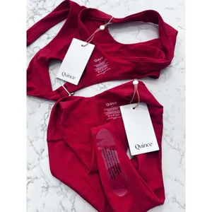 NWT Quince Cherry Red Italian Plunge Bikini Too & V Cut High Leg Bottom Set XS thumbnail 3