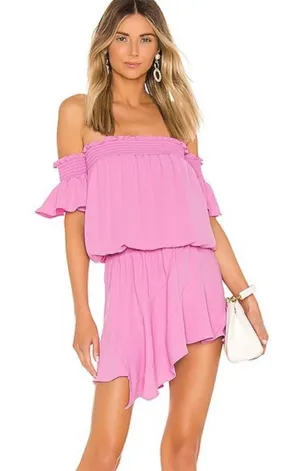 Amanda Uprichard Pink Off-Shoulder Smocked Mini Dress Ruffle Hem Medium thumbnail 1