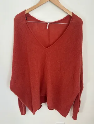 Free People‎ Burnt Orange Wool Alpaca Blend Oversized V-Neck Sweater Large thumbnail 1