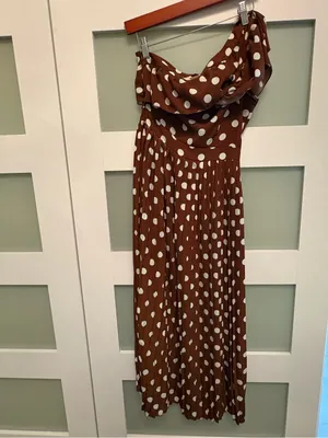 Pretty Little Thing Women's One-Shoulder Brown Polka Dot Midi Dress Size 4 thumbnail 3