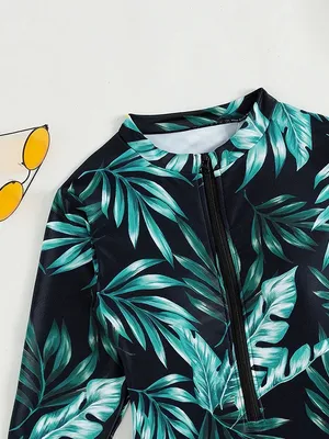 SHEIN Black One-Piece Rash Guard Swimsuit with Green Tropical Leaf Print thumbnail 5