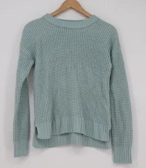 SO Womens Waffle Knit Sweater Light Blue Crewneck High-Low Hem Small thumbnail 1