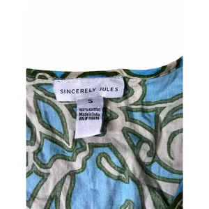 Tropical Floral Puff Sleeve Mini Dress Coastal Resort Cotton Blue Green Small thumbnail 3