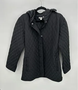 Garnet‎ Hill Black Essential Quilted Coat Snap Zip Removable Hood Sz 14 Pockets thumbnail 1