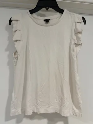 Ann Taylor Cream Ruffle Shoulder Crewneck Tank thumbnail 1