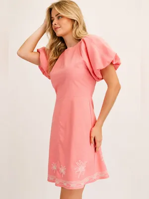 GIGIO Palm Tree Embroidered Linen Mini Dress Bubble Sleeve L thumbnail 5