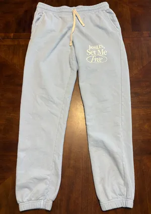 Comfort Colors Sweatpants Women Medium Blue Jesus Set Me Free Graphic Joggers thumbnail 1