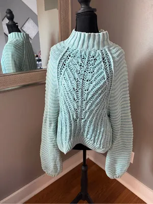 Free People Sweetheart Sweater Blue Chunky Knit Ribbed Mock Neck Medium thumbnail 2