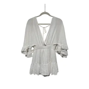 White V-Neck Ruffle Sleeve Smocked Waist Blouse thumbnail 2