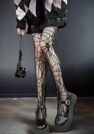 Black Gothic Skull Pattern Fishnet Tights Sexy Hollow Out Mesh Pantyhose OneSize thumbnail 1